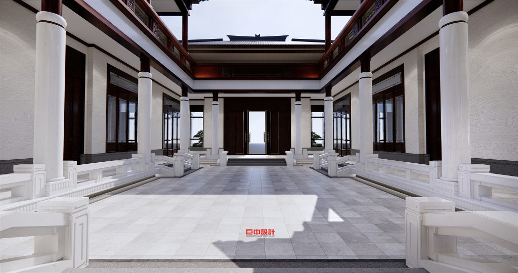 湖南株洲四合院:仿铜拉丝样板与造型配合 · 项目资料所附设计效果图,保留原设计标识