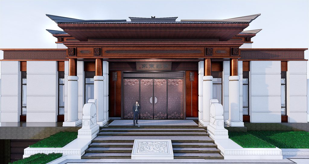湖南株洲四合院:仿铜拉丝样板与造型配合 · 入口立面设计效果;与施工实拍分开展示