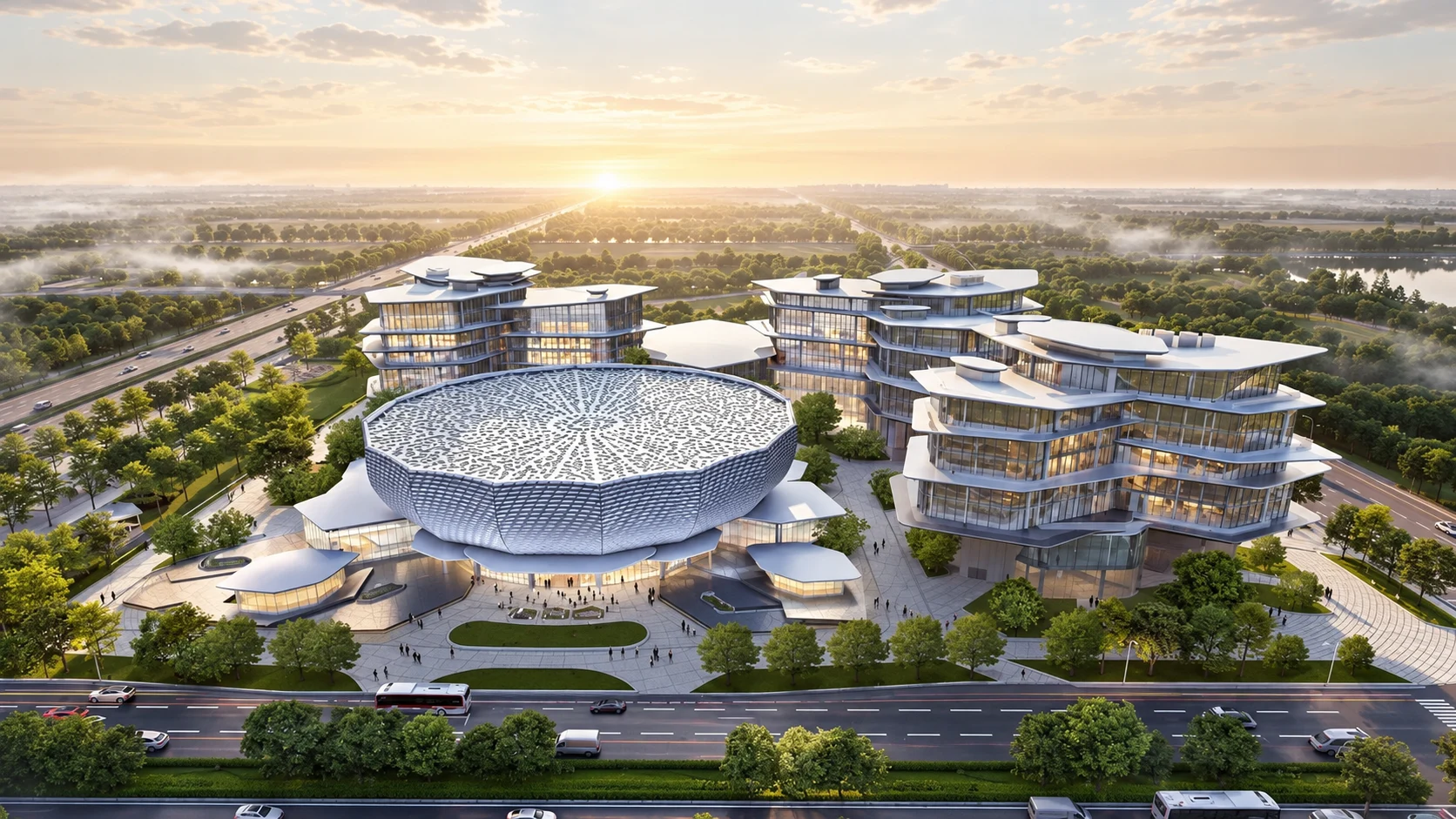 郑州航空港国际交流中心 · 方案效果图，经 AI 清晰化处理